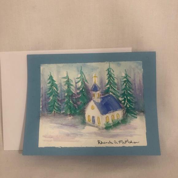 Watercolor Church Winter Scene Card and Envelope - Picture 1 of 4